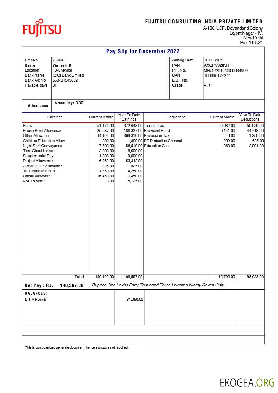Modèle de fiche de paie de Fujitsu Consulting India aux formats Word et PDF.pdf, 1